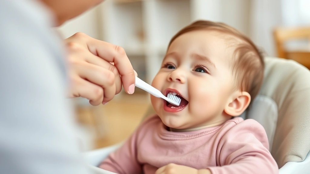 Parent gently brushing a baby's teeth with a soft-bristled toothbrush, baby sitting in high chair, warm home setting, tender moment captured