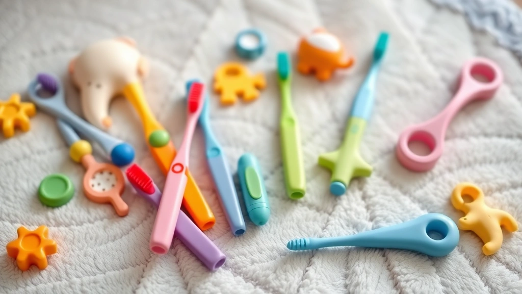 Colorful baby toothbrushes and finger toothbrushes arranged with teething toys on a soft nursery surface, product display style photography