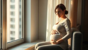 A pregnant woman sitting alone by a window in a modern apartment, looking thoughtful and slightly worried, warm natural light streaming in, calm and introspective mood