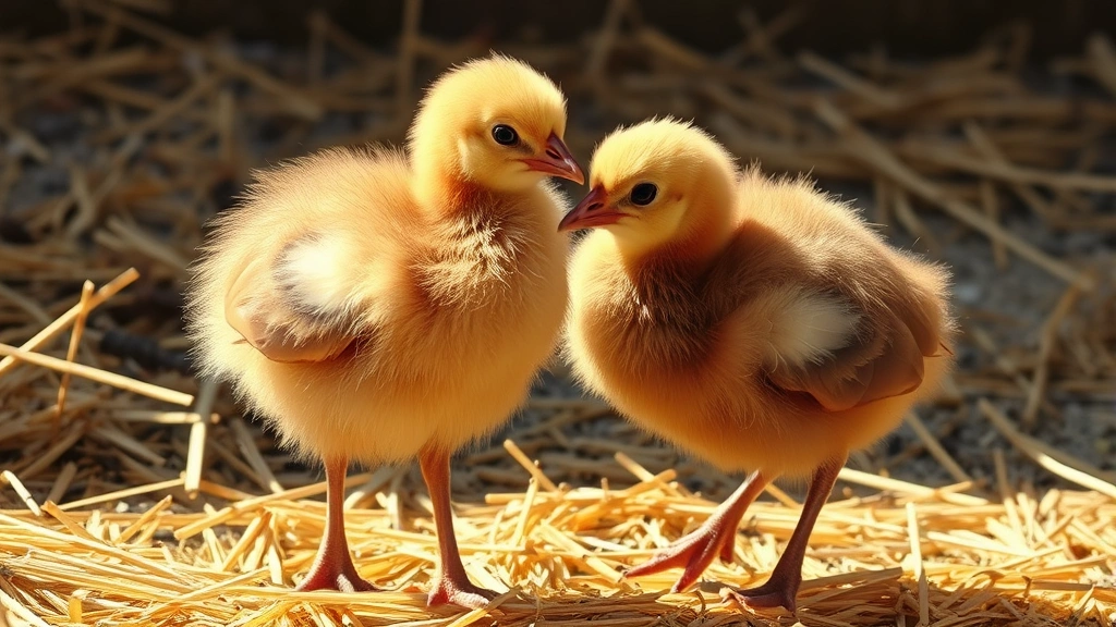 A fluffy yellow-brown downy poult standing on straw bedding in warm sunlight, with another poult nearby, showing their proportionally long legs and small beaks