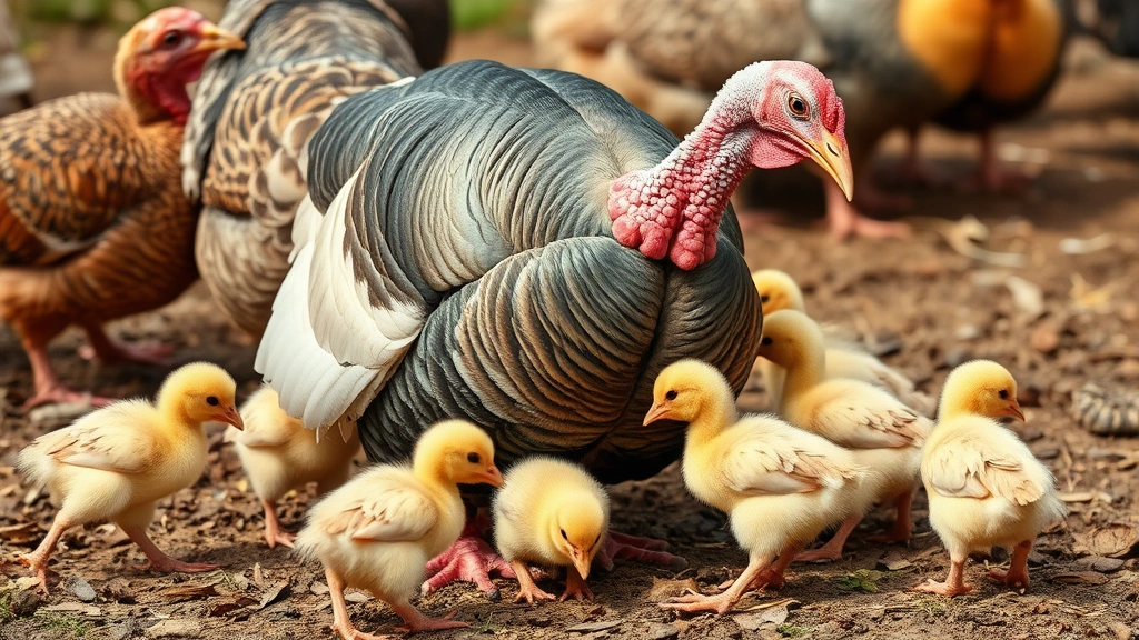 A mother hen turkey surrounded by several young poults pecking at the ground in a natural farm setting, demonstrating maternal care and family dynamics
