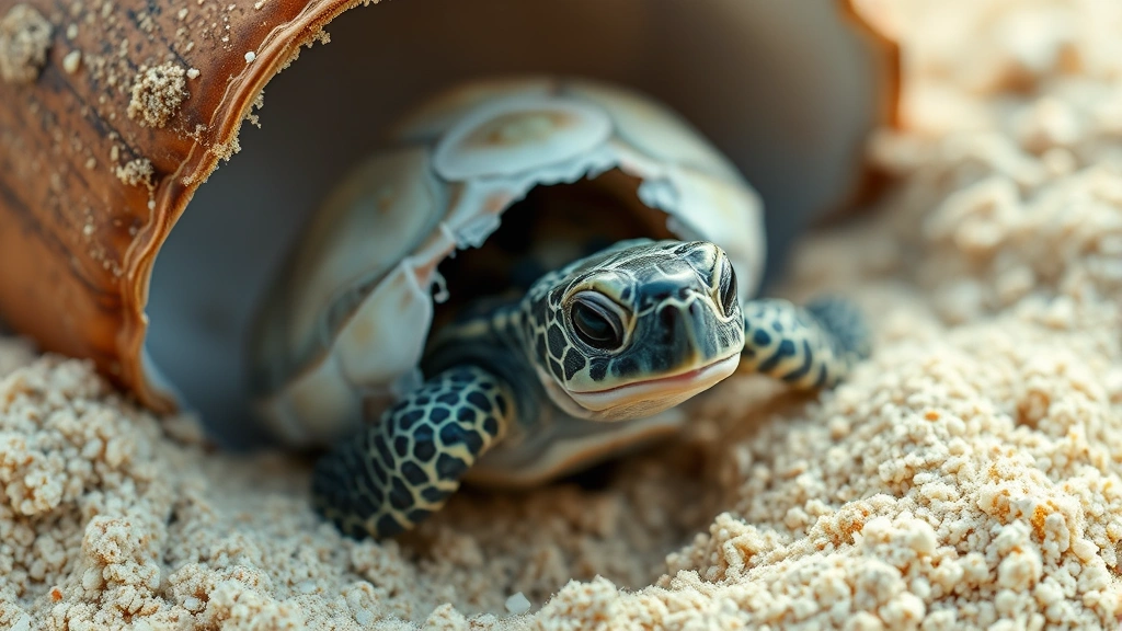 Tiny sea turtle hatchling breaking through leathery egg shell in sandy nest, surrounded by sand particles, photorealistic detail of creature emerging