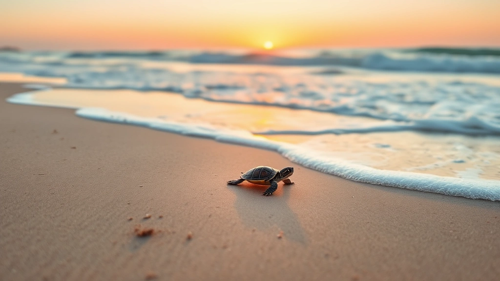 Baby turtle hatchling scrambling across sandy beach toward ocean waves at sunset, small vulnerable creature on vast empty beach, photorealistic coastal scene