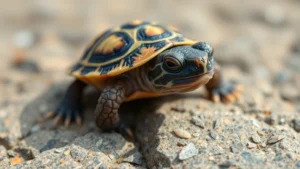 Close-up of a healthy baby turtle hatchling on a smooth rock, alert and vibrant with clear eyes, natural lighting highlighting shell details