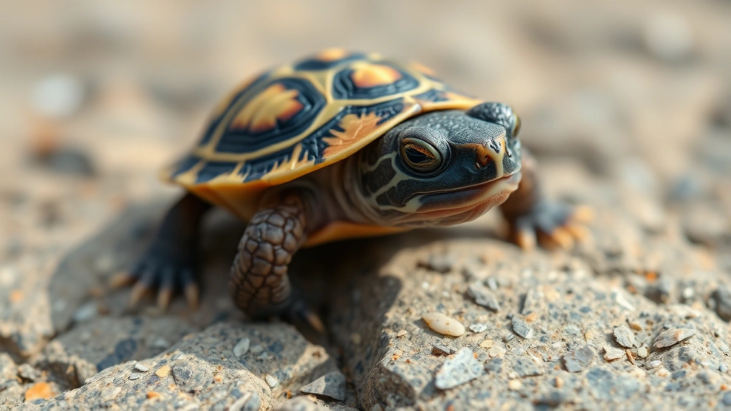 Close-up of a healthy baby turtle hatchling on a smooth rock, alert and vibrant with clear eyes, natural lighting highlighting shell details