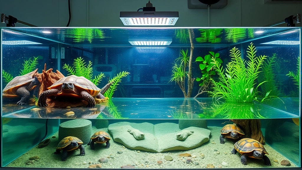 Spacious, clean turtle aquarium setup with basking area, heat lamp, plants, and clear water, professional pet store environment