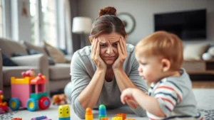 Frustrated parent with hands on face while toddler plays with toys in background, modern living room, natural lighting