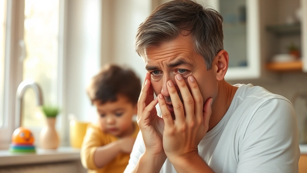 Frustrated parent with hands on face, toddler in background reaching toward toys, morning sunlight through kitchen window, realistic family moment