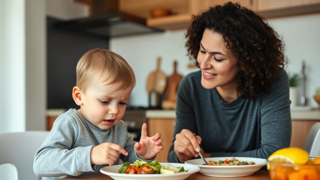 Parent calmly setting boundaries with upset toddler during mealtime, kitchen setting, peaceful expression on adult's face