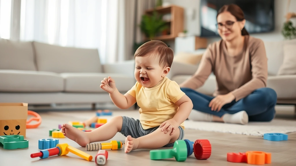 Toddler sitting on floor during tantrum with toys scattered, parent sitting calmly nearby with peaceful expression, modern living room setting
