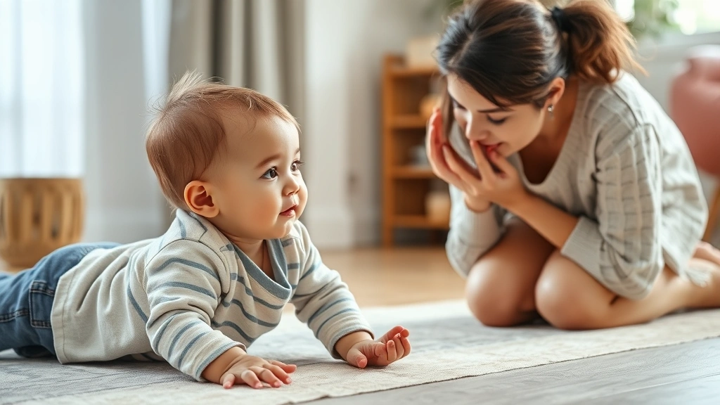 Toddler having emotional moment on floor while parent kneels nearby with understanding expression, bright home interior