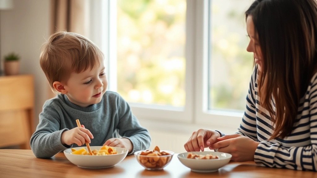 Parent and toddler during peaceful moment, child making a choice between two snacks with parent watching supportively, warm natural lighting