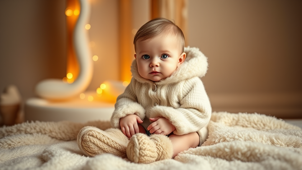 Adorable baby wearing cozy sheepskin boots sitting on soft blanket, warm lighting, no text no words no letters