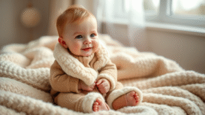Adorable baby wearing cozy sheepskin boots sitting on soft blanket, warm lighting, no text no words no letters