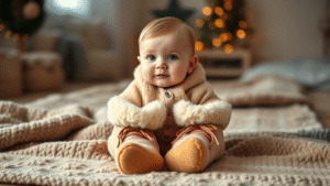 Adorable baby wearing soft sheepskin boots sitting on cozy blanket, warm indoor lighting, no text no words no letters