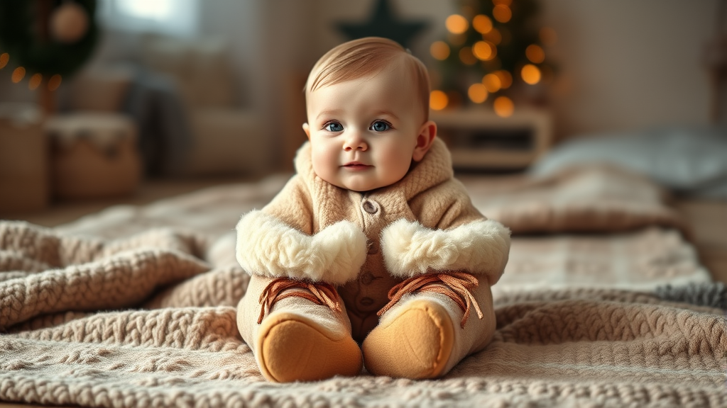 Adorable baby wearing soft sheepskin boots sitting on cozy blanket, warm indoor lighting, no text no words no letters