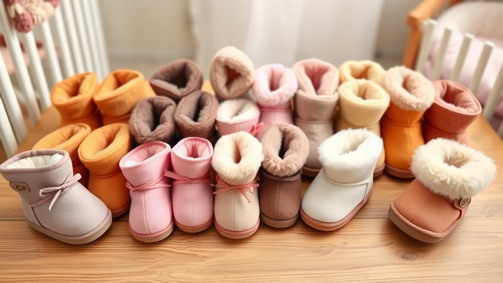 Collection of various baby Ugg boots in different colors arranged on wooden surface, cozy nursery setting, no text no words no letters