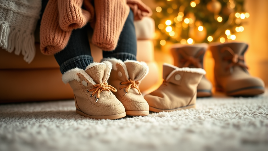 Baby feet in soft boots next to winter clothing and accessories, warm indoor lighting, no text no words no letters