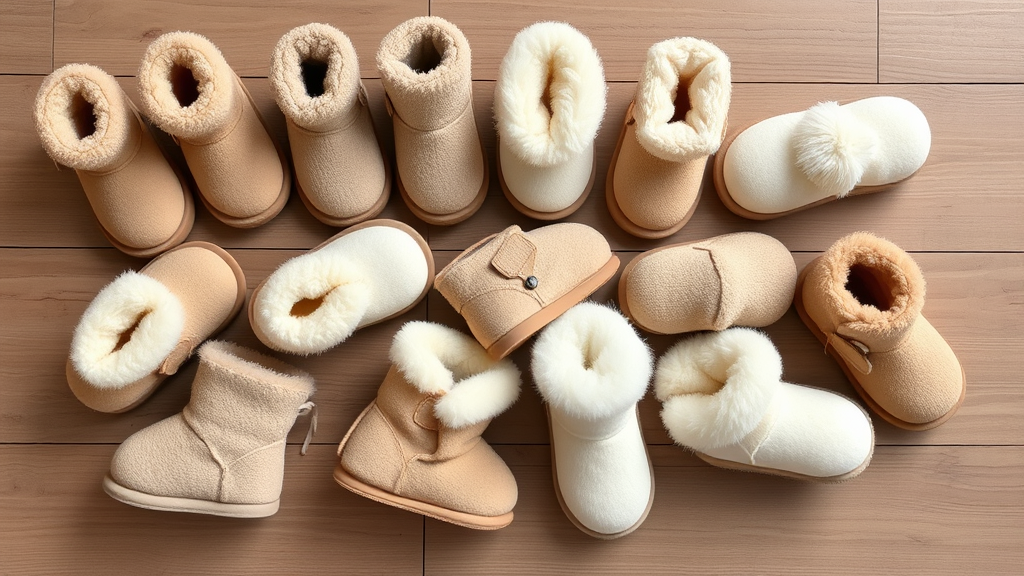Collection of baby sheepskin boots in various neutral colors arranged on wooden surface, no text no words no letters
