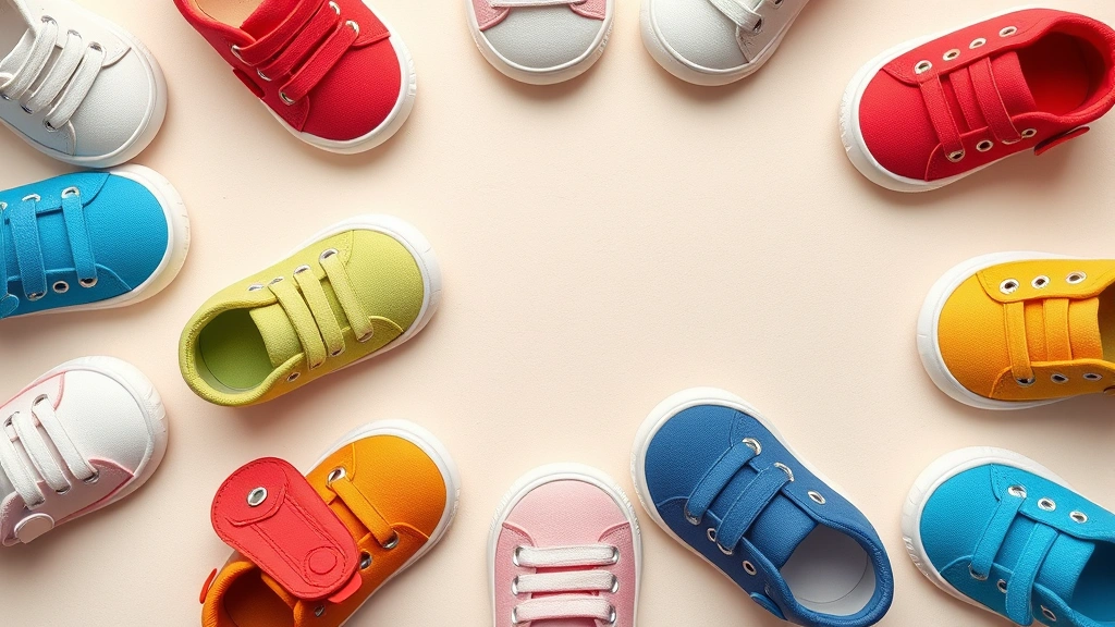 Flat lay photography of multiple colorful baby sneakers arranged on a soft neutral background, showing various styles and colors