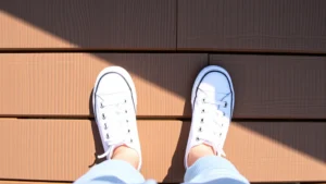 Toddler wearing classic white canvas sneakers standing on a sunny wooden deck, captured from above showing the shoe detail and small feet