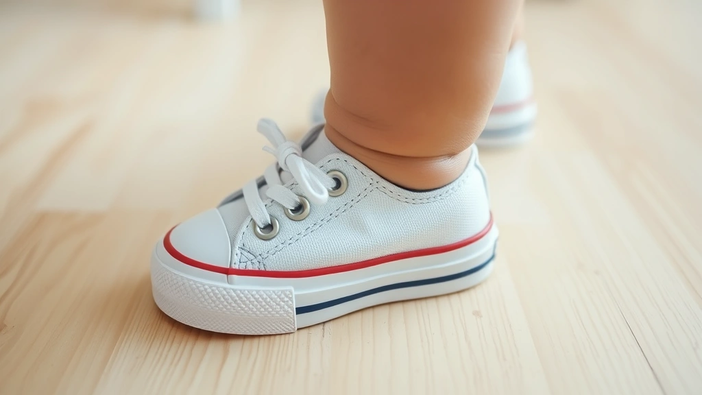 Close-up detail shot of a baby's tiny foot wearing a classic white canvas sneaker with rubber sole, on a light wooden floor