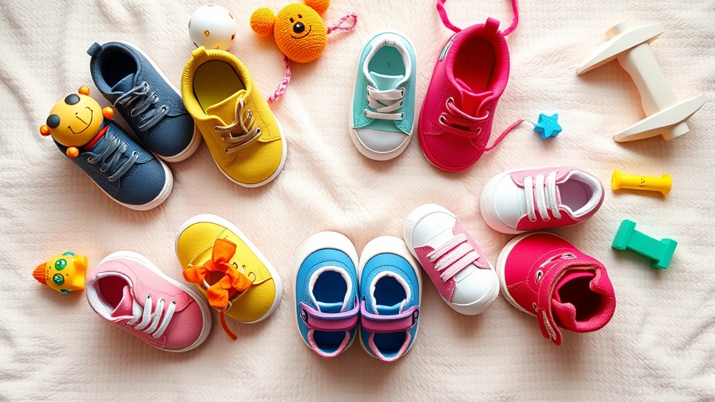 Flat lay arrangement of colorful baby sneakers in various styles and colors displayed on a soft pastel blanket with toys nearby