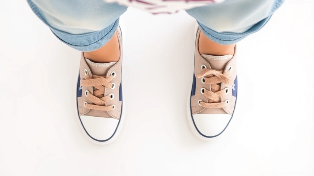 Overhead view of a toddler wearing trendy canvas sneakers while standing on a clean white surface, showing foot size perspective