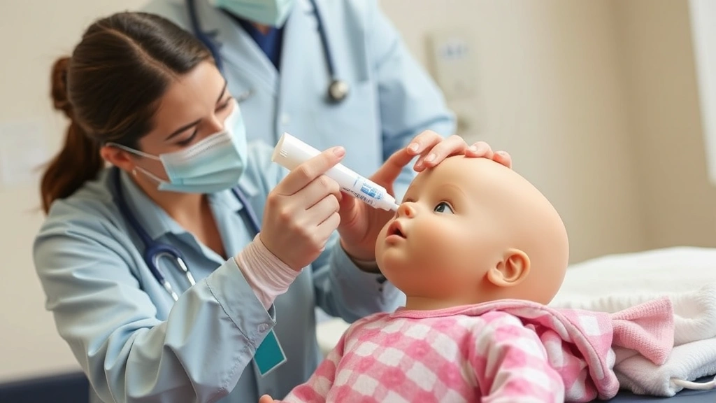 Healthcare provider demonstrating saline nasal spray application on infant dummy model, clinical but warm setting, educational demonstration