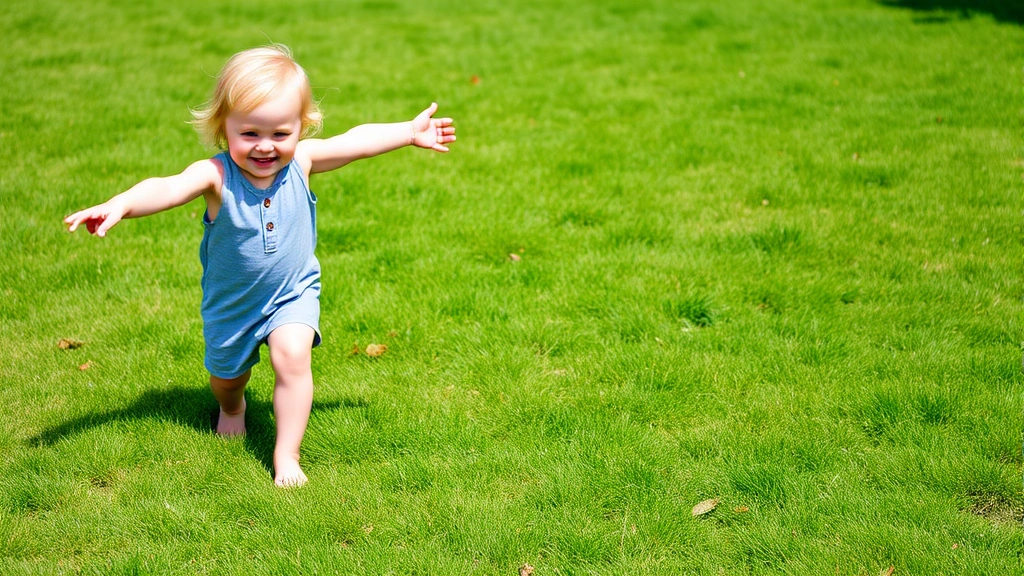 A toddler with bare feet walking on soft green grass outdoors on a sunny day, smiling with arms outstretched for balance