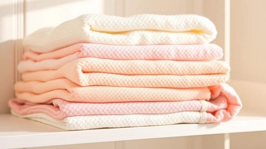 Soft, fluffy baby washcloths in pastel colors folded neatly on a white wooden shelf, with warm natural lighting