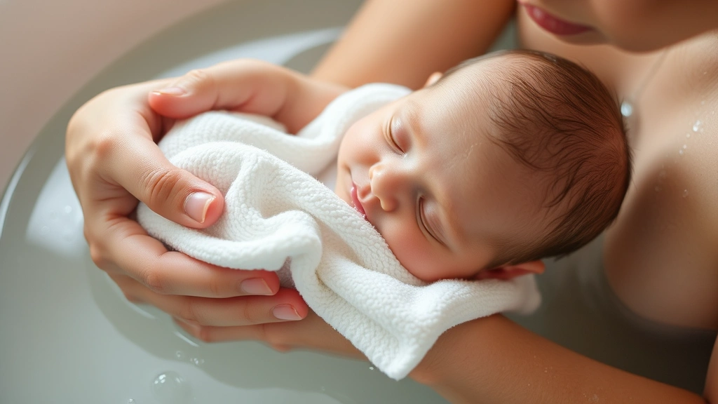 Close-up of a parent gently bathing a newborn with a soft washcloth in warm water, showing tender care and comfort