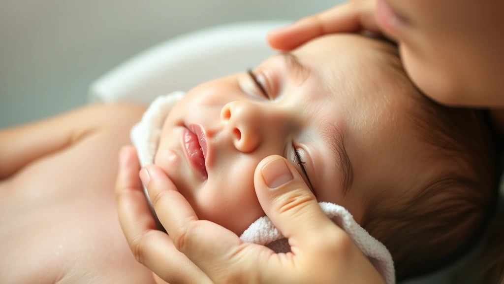 Close-up of parent gently washing newborn baby's face with a soft washcloth during bath time, tender and caring moment