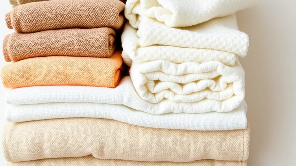 Flat lay arrangement of various soft baby washcloths in natural colors stacked neatly, showing different textures and materials