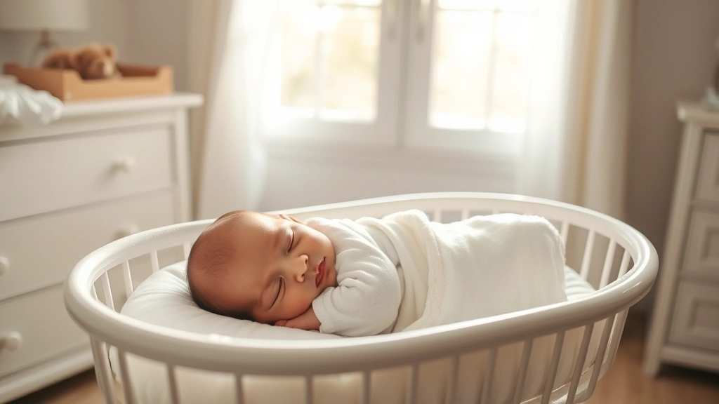 A peaceful newborn sleeping peacefully in a bassinet, soft natural lighting streaming through a window, serene nursery environment