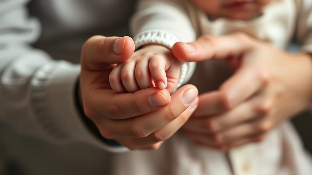 Close-up of a parent's hands holding a baby's tiny hand, intimate bonding moment, warm soft focus photography