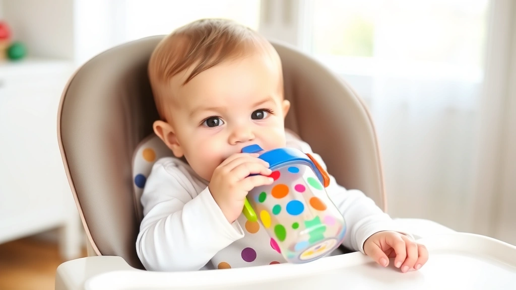A six-month-old baby sitting in a high chair with a colorful sippy cup, learning to drink independently, bright natural light