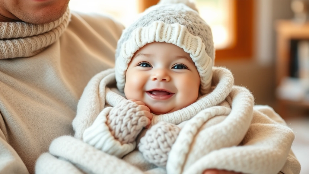 Smiling infant bundled in soft layers of winter clothing, wearing a cozy hat and mittens, sitting in parent's arms indoors with warm natural lighting