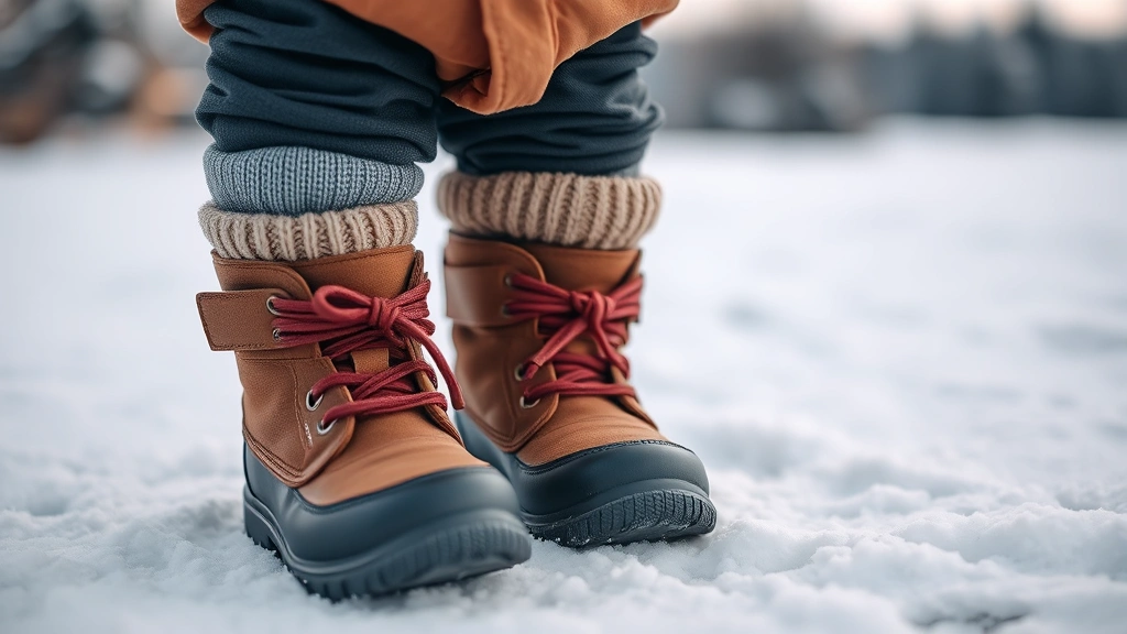 Close-up of baby's feet in warm wool socks and waterproof winter boots, standing on snowy ground with winter scenery blurred in background