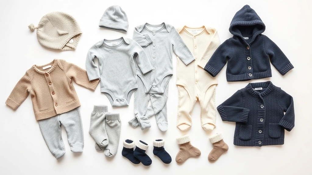 Overhead flat lay of organized baby winter clothing including thermal bodysuits, fleece leggings, cardigans, and wool socks arranged on white surface