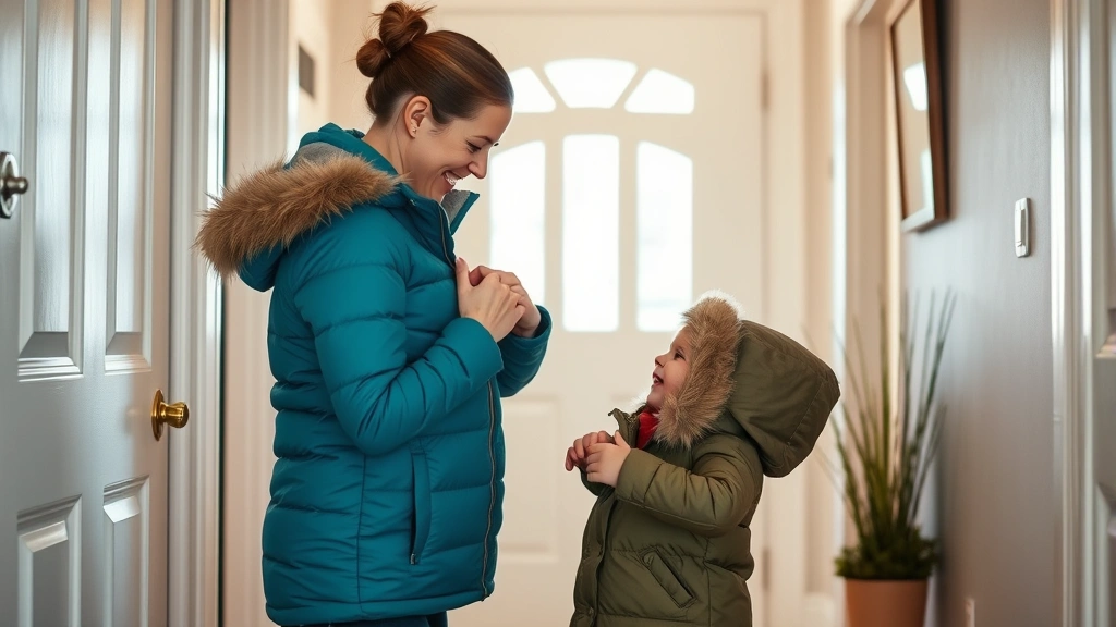 Parent helping toddler put on a winter coat in an entryway, showing proper fitting of winter gear, natural daylight from door in background