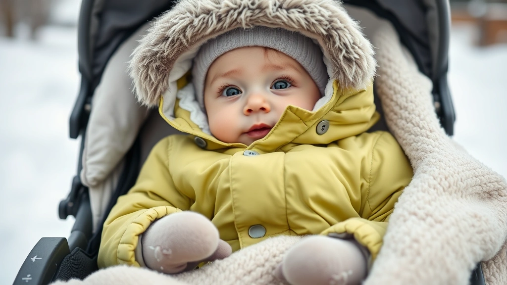 Close-up of baby wearing properly fitted snowsuit with attached mittens and hood, sitting in stroller with blanket, snowy outdoor setting