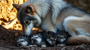 A gray wolf mother tenderly nursing her newborn pups in a den, warm natural lighting, close-up intimate family moment