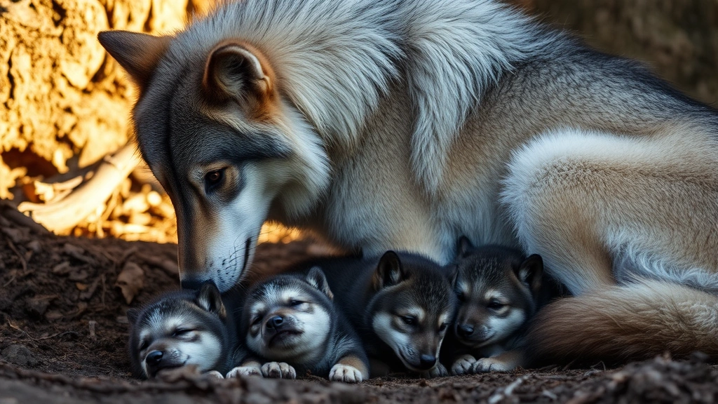 A gray wolf mother tenderly nursing her newborn pups in a den, warm natural lighting, close-up intimate family moment
