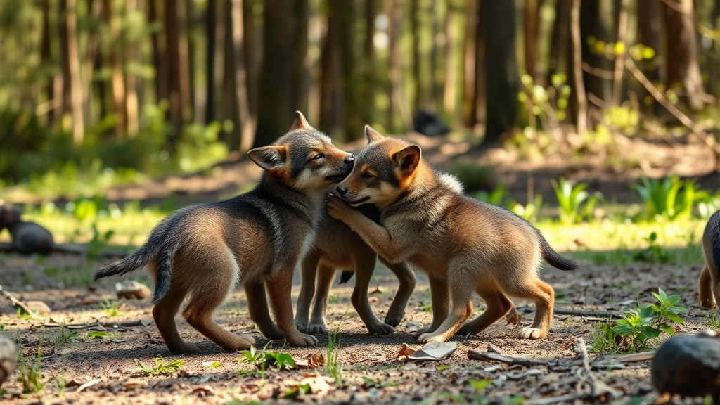 A litter of wolf pups playing and wrestling together in a forest clearing, energetic playtime, sunlight filtering through trees