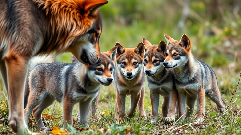 Wolf pups observing an adult pack member during a hunt training session, alert expressions, natural wilderness background