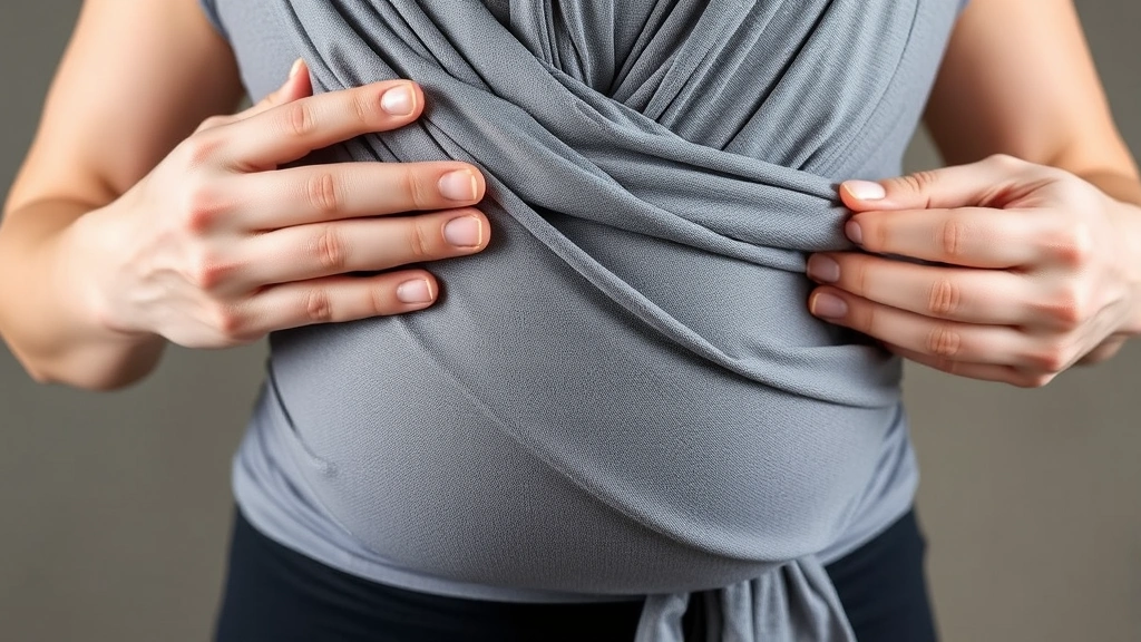 Close-up of parent's hands demonstrating how to tie a stretchy baby wrap around their torso, showing the fabric creating an X pattern across their back and chest