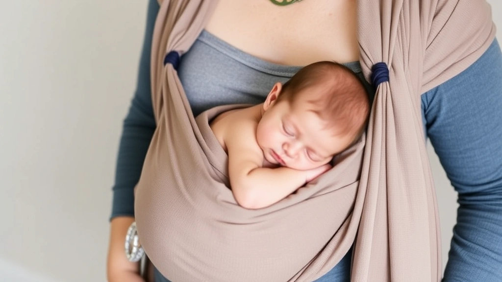 Parent wearing a baby wrap carrier with newborn nestled in the fabric at chest level, showing proper positioning and secure wrapping, both looking peaceful and bonded
