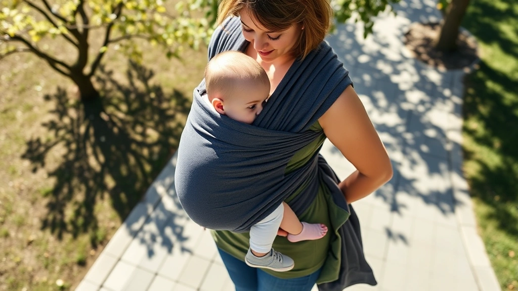 Overhead view of a parent carrying a baby in a wrap while walking through a park on a sunny day, demonstrating hands-free movement and practical everyday use