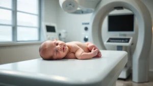 Newborn baby lying peacefully on an examination table in a bright, modern medical imaging room with soft lighting and calm atmosphere